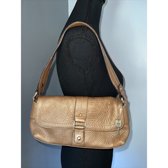 Fossil Tan/Gold Pebbled Leather Handbag Bag Purse #75082 Key Charm Classic READ - Picture 2 of 16